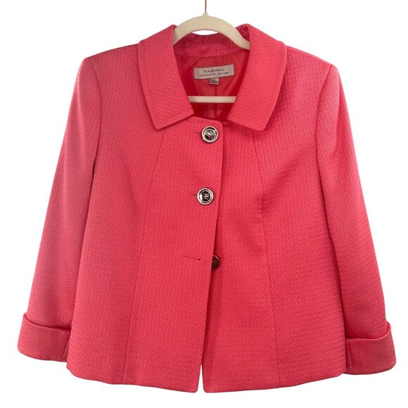 Tahari Hot Pink Short Jacket Textured 3 Button Size 10 Collar Cuffs Jackie-O Chi - Picture 1 of 14